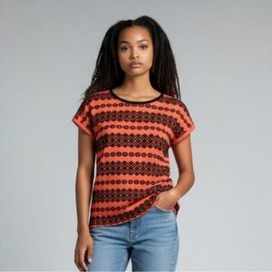 Kensie Coral  Black Lace Overlay Top Short Sleeve Stretchy Size S